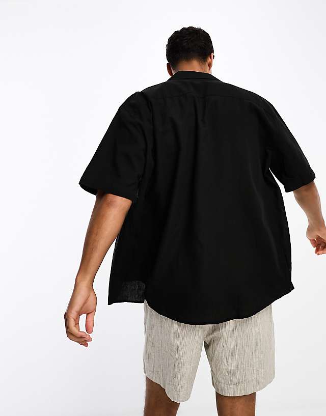 Selected Homme Short Sleeve Revere Collar Linen Shirt In Black