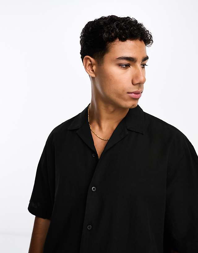 Selected Homme Short Sleeve Revere Collar Linen Shirt In Black