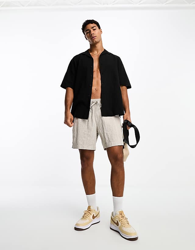 Selected Homme Short Sleeve Revere Collar Linen Shirt In Black