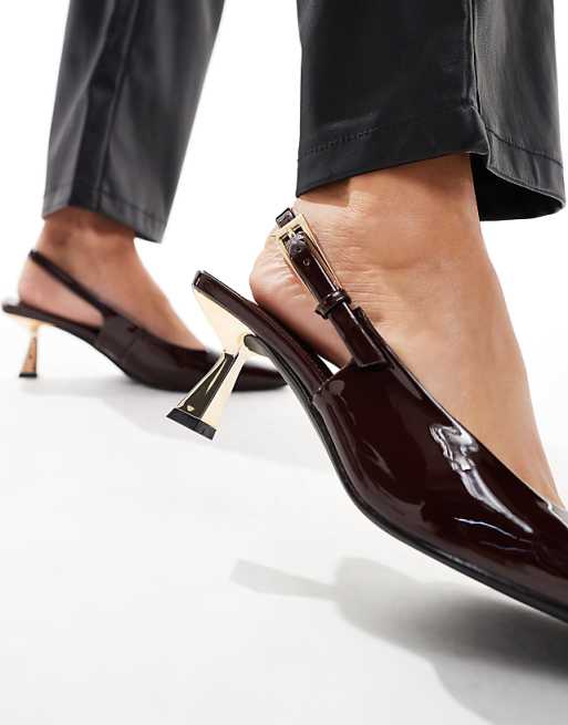 Simmi London June Wide Fit Pointed Slingback Kitten Heels In Brown Patent