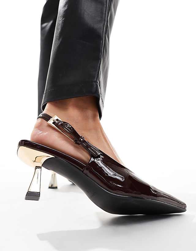Simmi London June Wide Fit Pointed Slingback Kitten Heels In Brown Patent