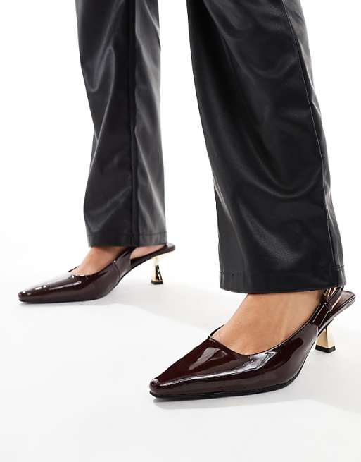 Simmi London June Wide Fit Pointed Slingback Kitten Heels In Brown Patent