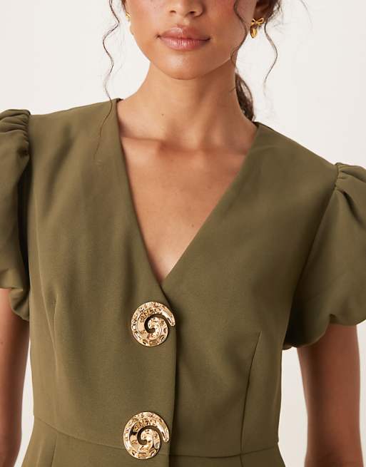 Sister Jane Embellished Button Midi Dress In Deep Olive