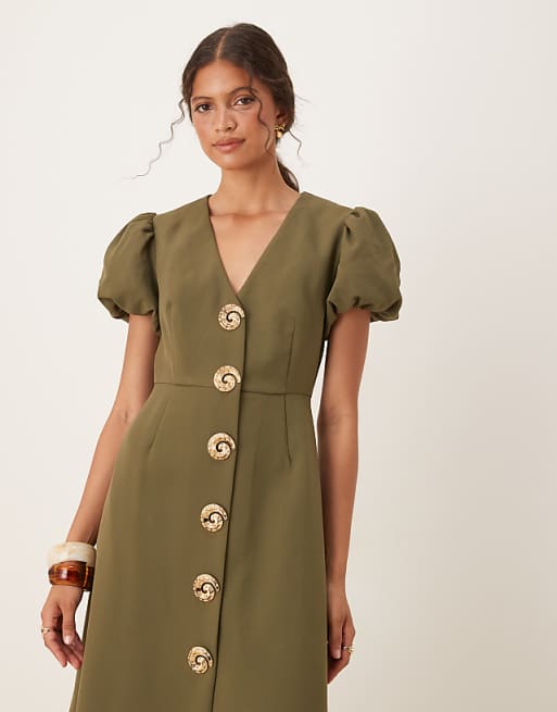 Sister Jane Embellished Button Midi Dress In Deep Olive