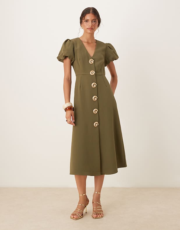 Sister Jane Embellished Button Midi Dress In Deep Olive