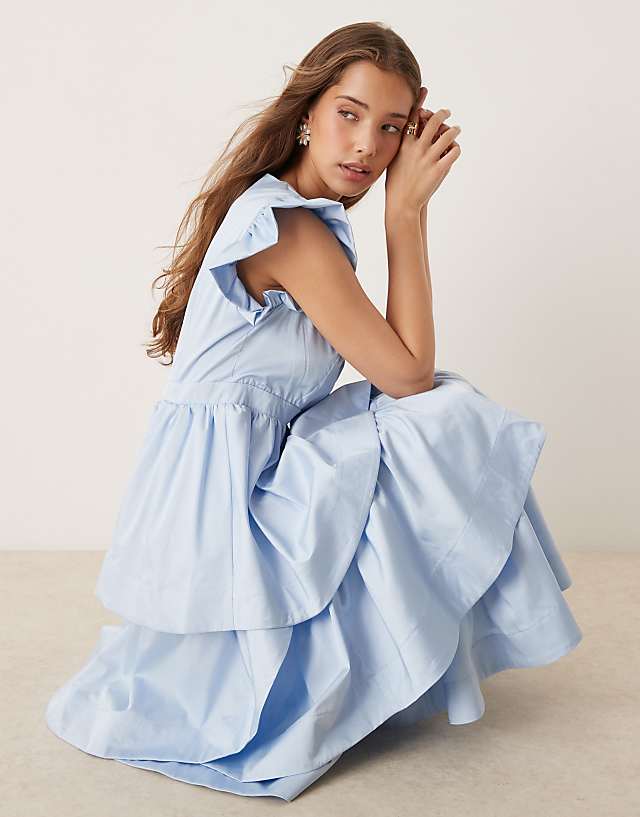 Sister Jane Plunge Tiered Midaxi Dress In Powder Blue