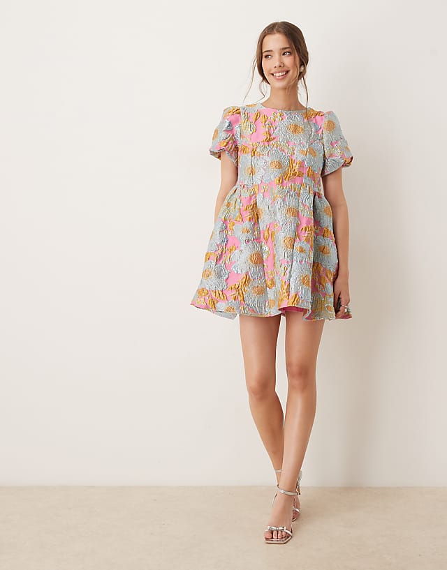 Sister Jane Puff Sleeve Jacquard Mini Dress In Gold