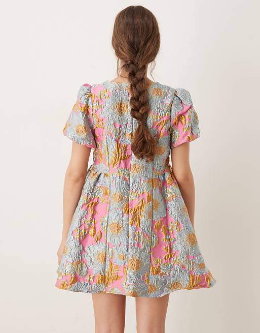 Sister Jane Puff Sleeve Jacquard Mini Dress In Gold