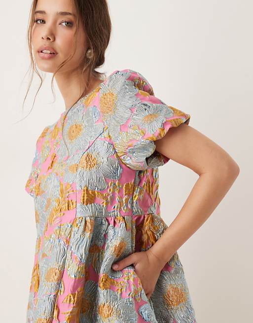 Sister Jane Puff Sleeve Jacquard Mini Dress In Gold
