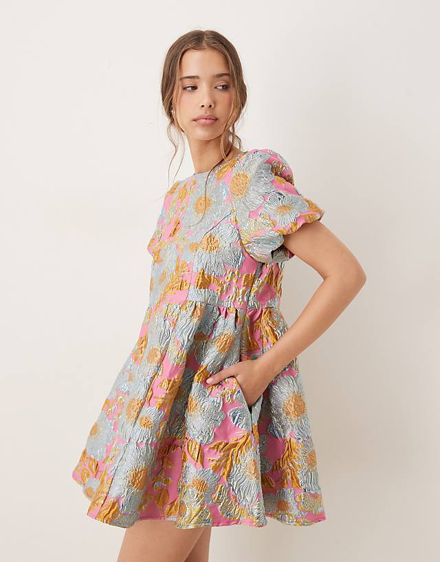 Sister Jane puff sleeve jacquard mini dress in gold