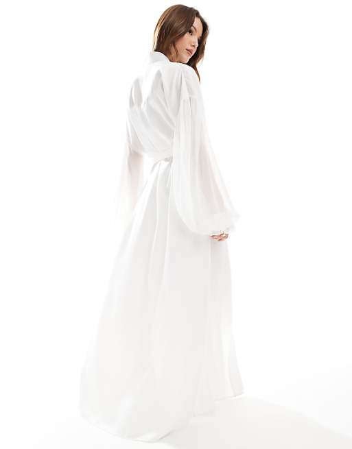 Six Stories Bridal Chiffon Sleeve Satin Maxi Robe In Ivory
