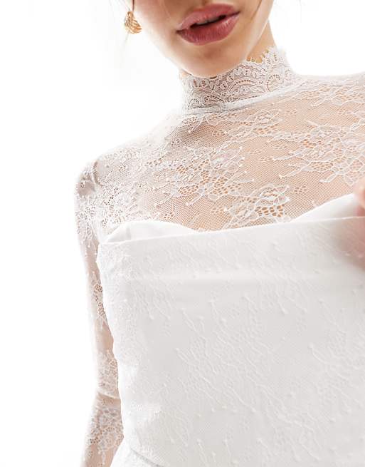 Six Stories Bridal Lace Sleeve Structured Mini Dress In Ivory