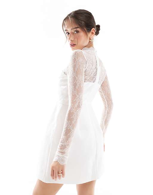 Six Stories Bridal Lace Sleeve Structured Mini Dress In Ivory