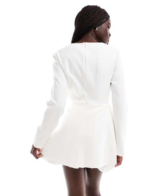 Six Stories Bridal Long Sleeve Puff Hem Mini Dress In Soft White