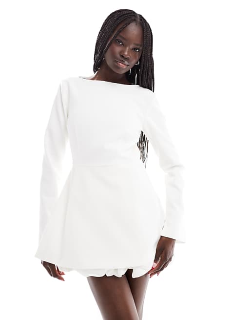 Six Stories Bridal long sleeve puff hem mini dress in soft white