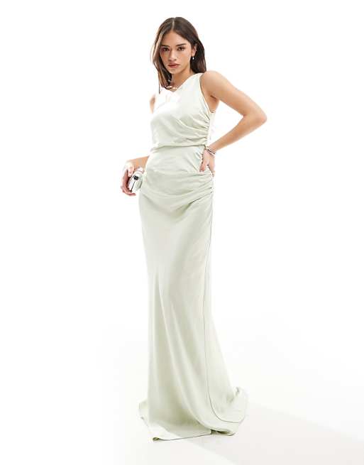 Six Stories Bridesmaid asymmetric cowl satin maxi dress in mint green