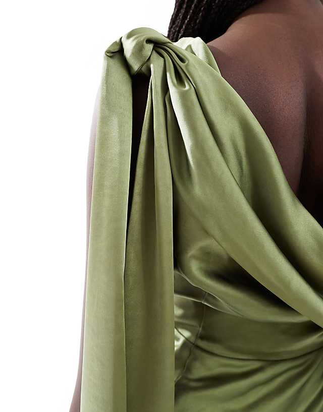 Six Stories Bridesmaid Bow One Shoulder Satin Maxi Dress In Moss Green