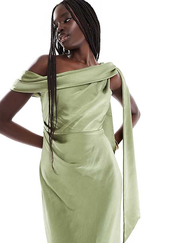 Six Stories Bridesmaid Bow One Shoulder Satin Maxi Dress In Moss Green
