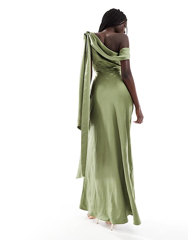 Six Stories Bridesmaid Bow One Shoulder Satin Maxi Dress In Moss Green