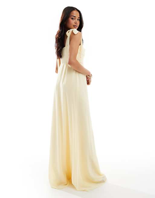 Six Stories Bridesmaid Bow Shoulder Chiffon Maxi Dress In Lemon