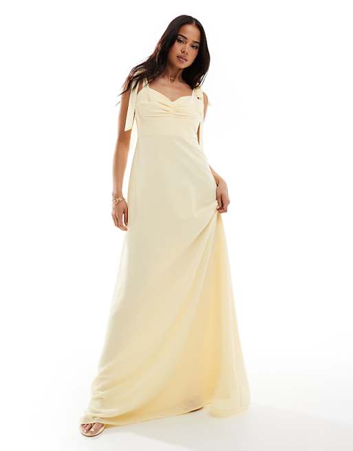 Six Stories Bridesmaid bow shoulder chiffon maxi dress in lemon