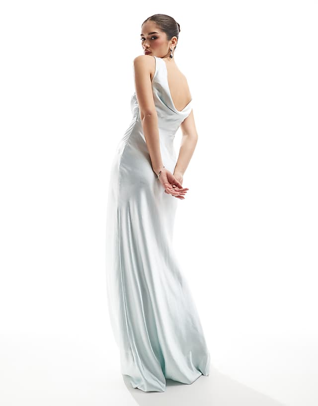 Six Stories Bridesmaid cowl back satin maxi dress in ice blue