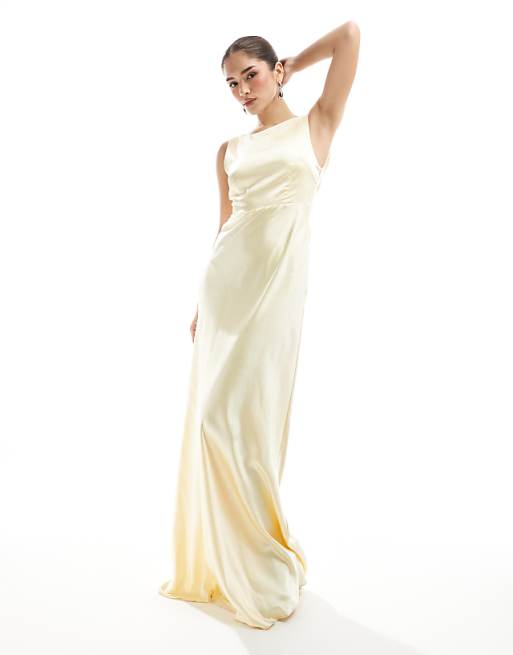 Six Stories Bridesmaid Cowl Back Satin Maxi Dress In Lemon
