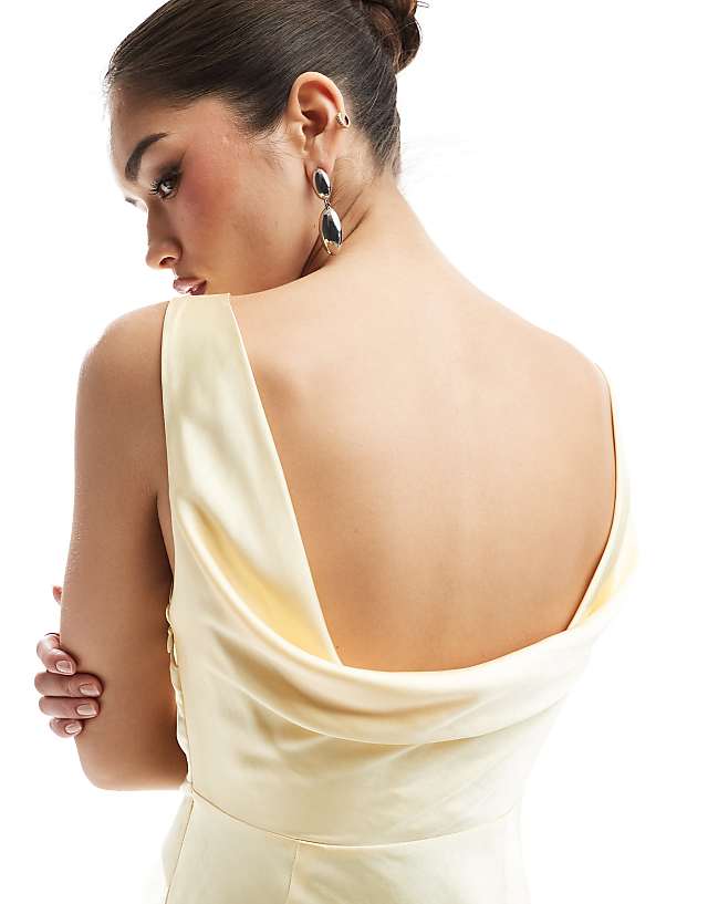 Six Stories Bridesmaid Cowl Back Satin Maxi Dress In Lemon