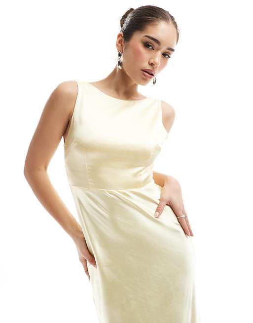 Six Stories Bridesmaid Cowl Back Satin Maxi Dress In Lemon