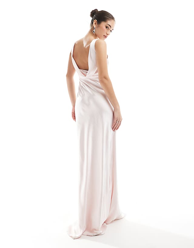Six Stories Bridesmaid cowl back satin maxi dress in powder pink