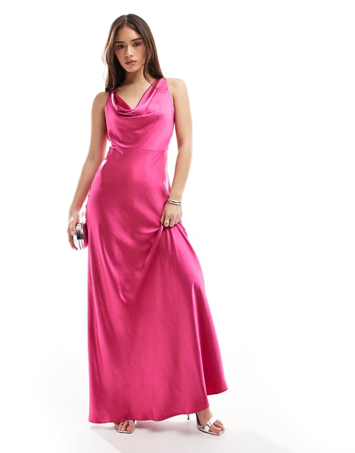 Six Stories Bridesmaid Cowl Front Satin Maxi Dress In Fuchsia Pink