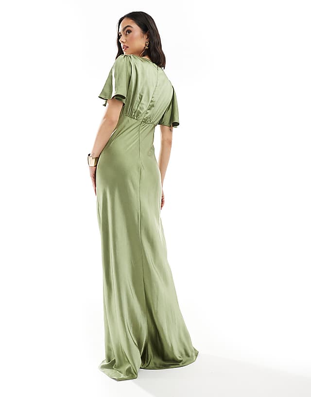 Six Stories Bridesmaid Empire Waist Satin Maxi Dress In Moss Green