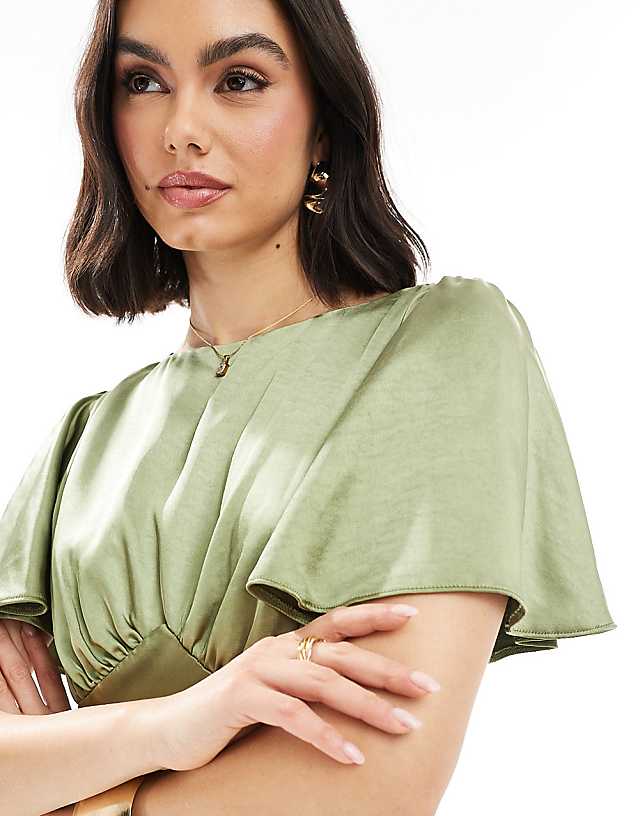 Six Stories Bridesmaid Empire Waist Satin Maxi Dress In Moss Green