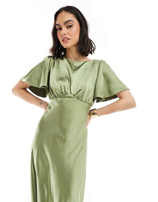Six Stories Bridesmaid Empire Waist Satin Maxi Dress In Moss Green