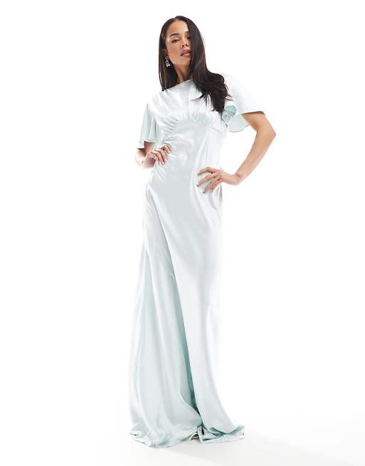 Six Stories Bridesmaid Empire Waist Satin Maxi Dress In Ice Blue