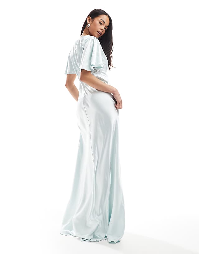Six Stories Bridesmaid Empire Waist Satin Maxi Dress In Ice Blue