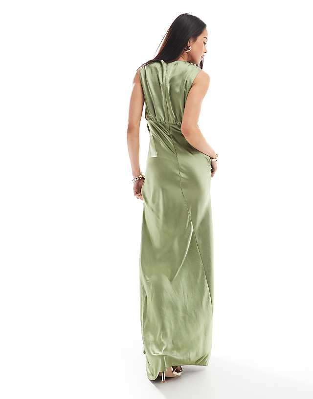 Six Stories Bridesmaid Gathered Overlay Satin Maxi Dress In Moss Green