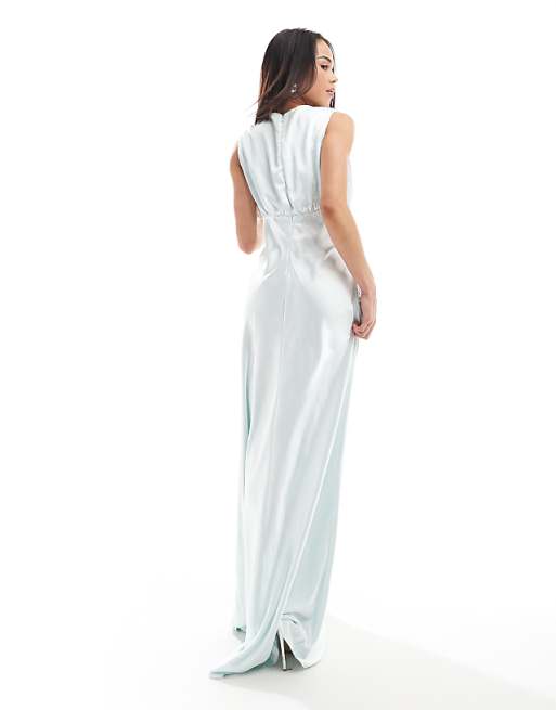 Six Stories Bridesmaid Gathered Overlay Satin Maxi Dress In Ice Blue