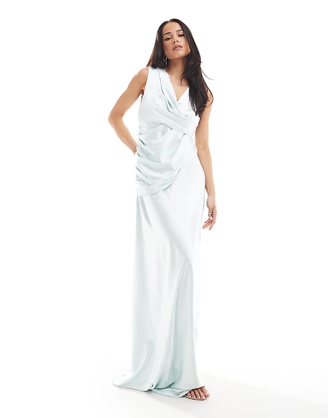 Six Stories Bridesmaid gathered overlay satin maxi dress in ice blue