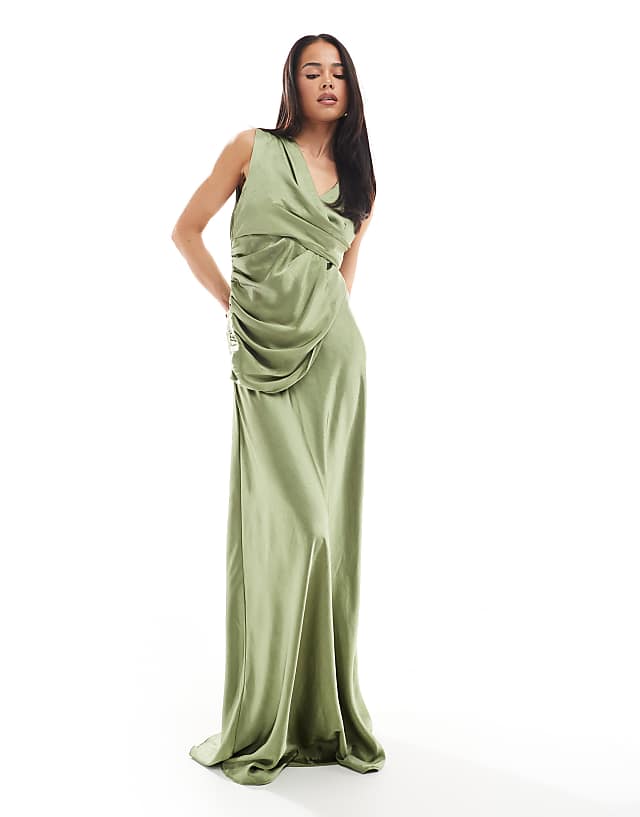 Six Stories Bridesmaid Gathered Overlay Satin Maxi Dress In Moss Green