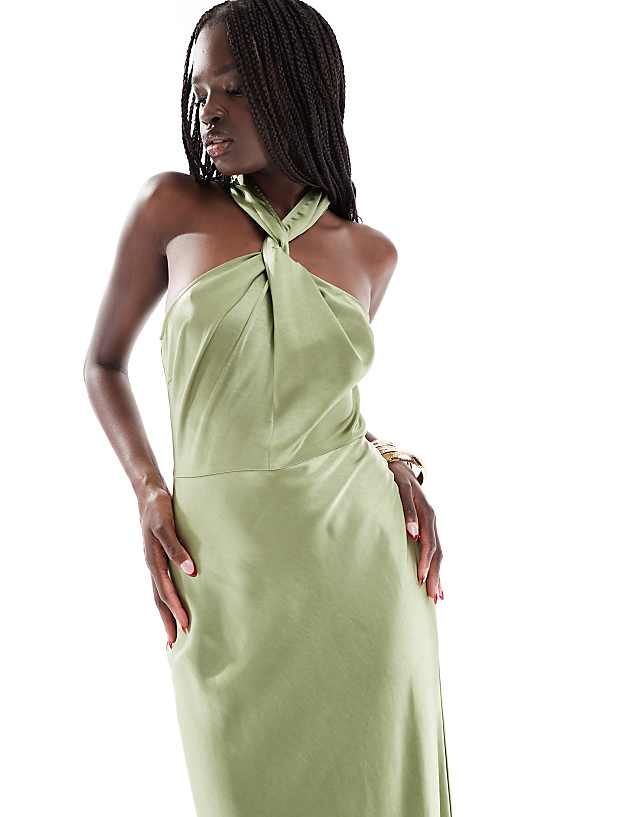 Six Stories Bridesmaid Halter Neck Satin Maxi Dress In Moss Green