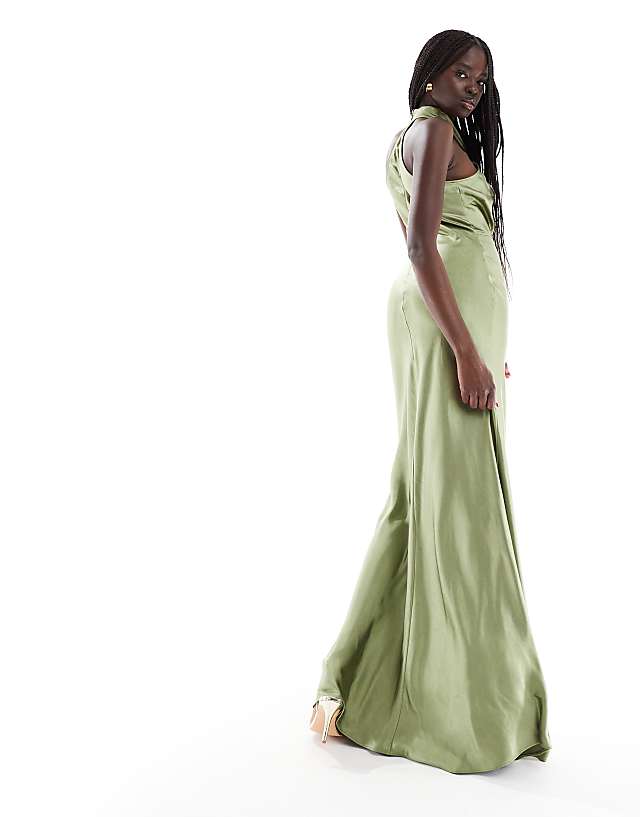 Six Stories Bridesmaid Halter Neck Satin Maxi Dress In Moss Green