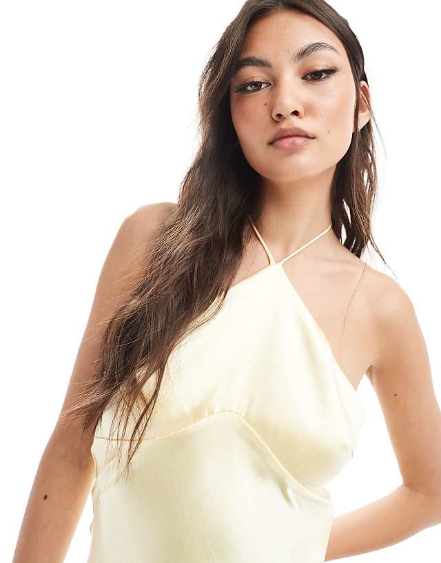 Six Stories Bridesmaid Halter Neck Satin Maxi Dress In Lemon