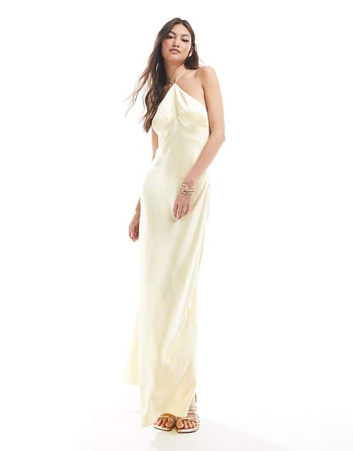 Six Stories Bridesmaid halter neck satin maxi dress in lemon