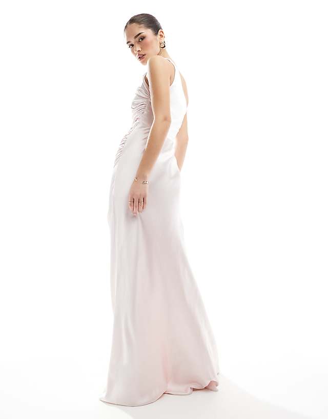 Six Stories Bridesmaid One Shoulder Satin Maxi Dress In Powder Pink