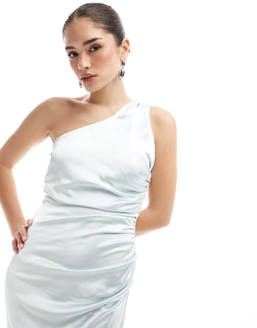 Six Stories Bridesmaid One Shoulder Satin Maxi Dress In Ice Blue