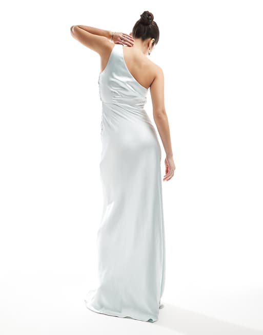 Six Stories Bridesmaid One Shoulder Satin Maxi Dress In Ice Blue