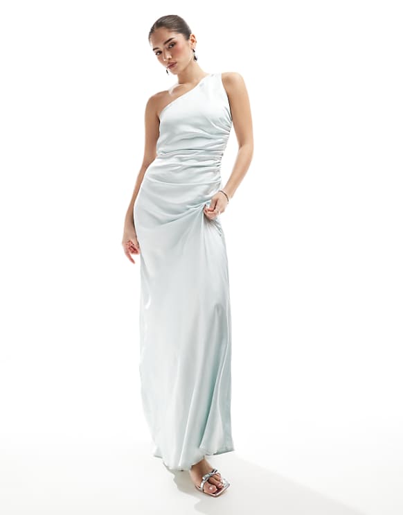 Six Stories Bridesmaid one shoulder satin maxi dress in ice blue