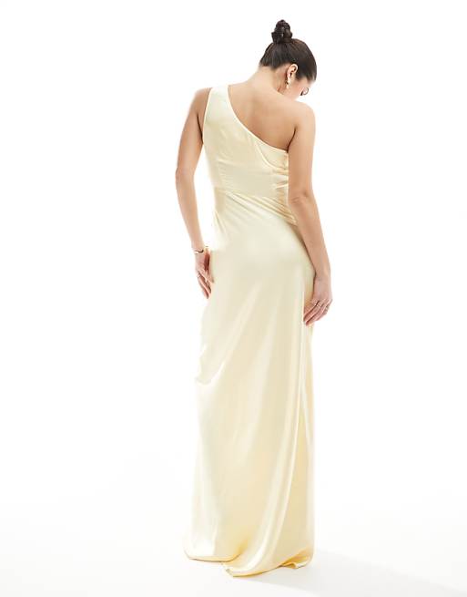 Six Stories Bridesmaid One Shoulder Satin Maxi Dress In Lemon