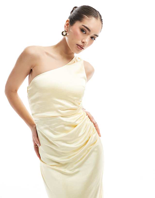 Six Stories Bridesmaid One Shoulder Satin Maxi Dress In Lemon